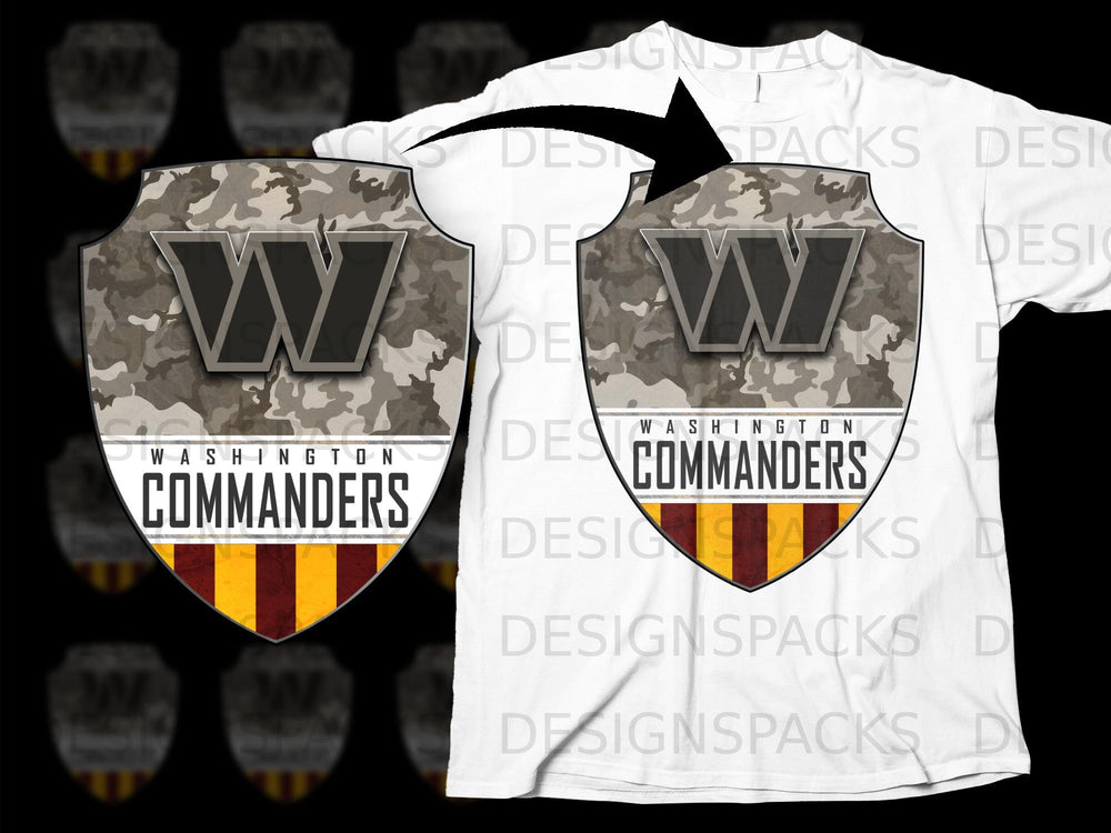 Washington Commanders shield logo on a white t-shirt.