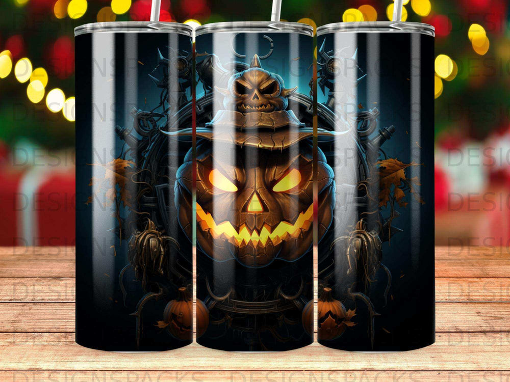 Halloween tumbler with glowing Jack-o'-lantern and spooky decorations.
