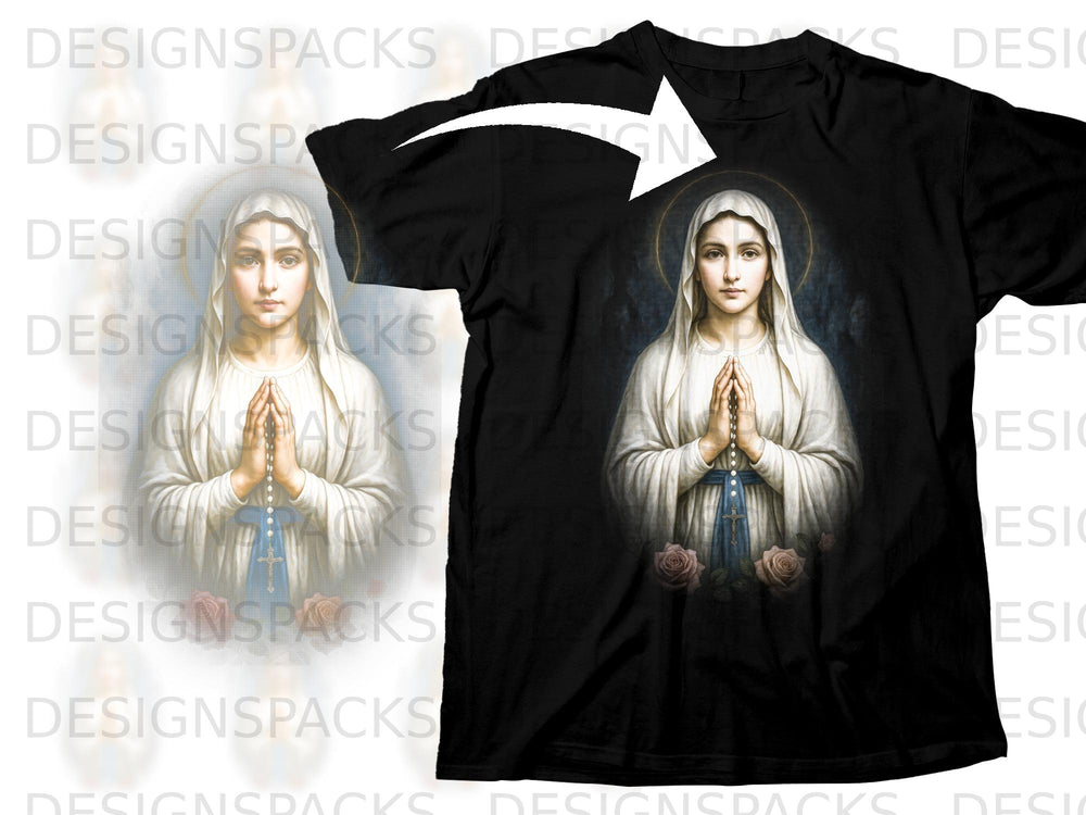 Black t-shirt featuring an image of the Virgin Mary with prayer beads and roses.