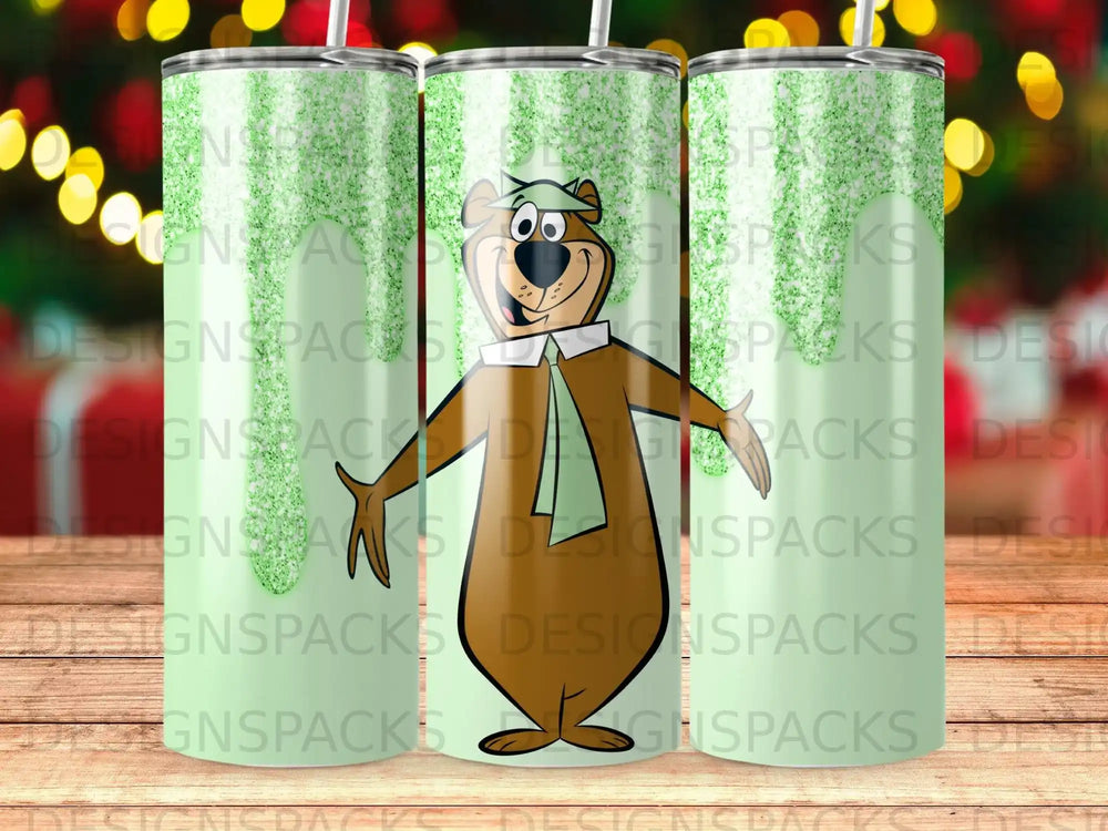 Cartoon bear character with green tie and brown shirt on a sparkly background.