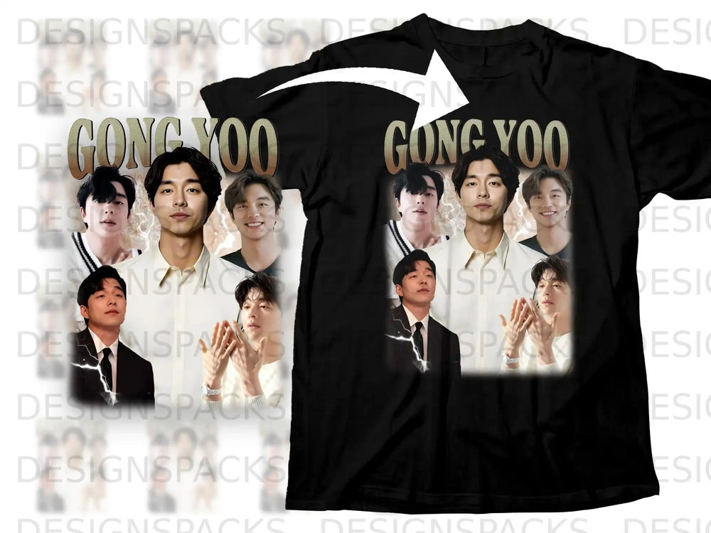 Black t-shirt featuring a collage of actor Gong Yoo's portraits.