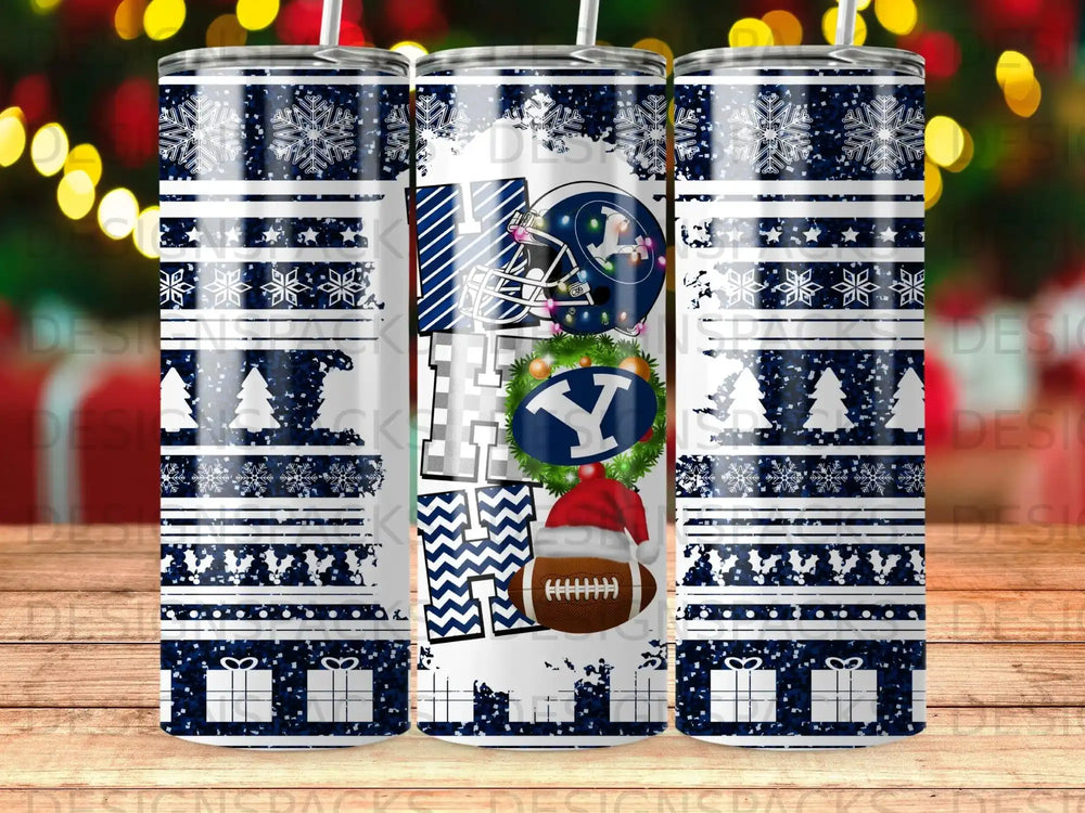 Tumbler with blue snowflake pattern, football helmet, and "BYU" logo.