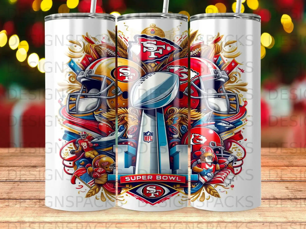 Super Bowl trophy surrounded by NFL team helmets and logos.