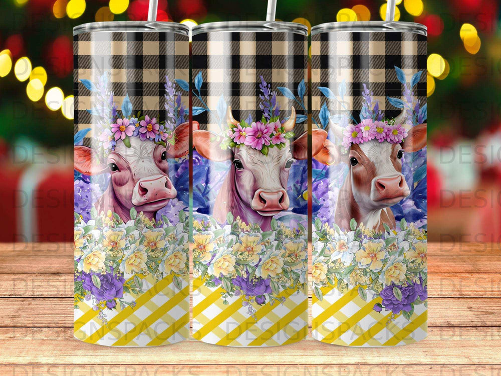 Cow with floral crown and yellow striped pattern on tumbler.