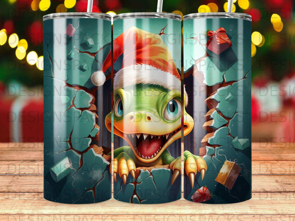 Christmas dinosaur peeking through a cracked wall, wearing a Santa hat.