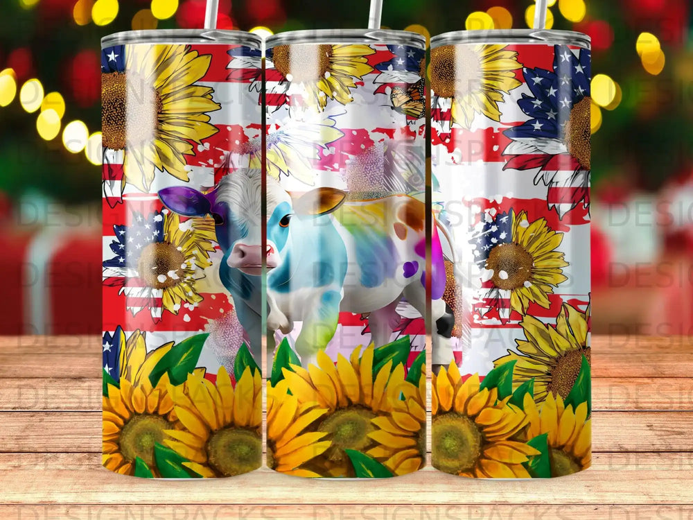 Cow with sunflowers and American flag design on a tumbler.