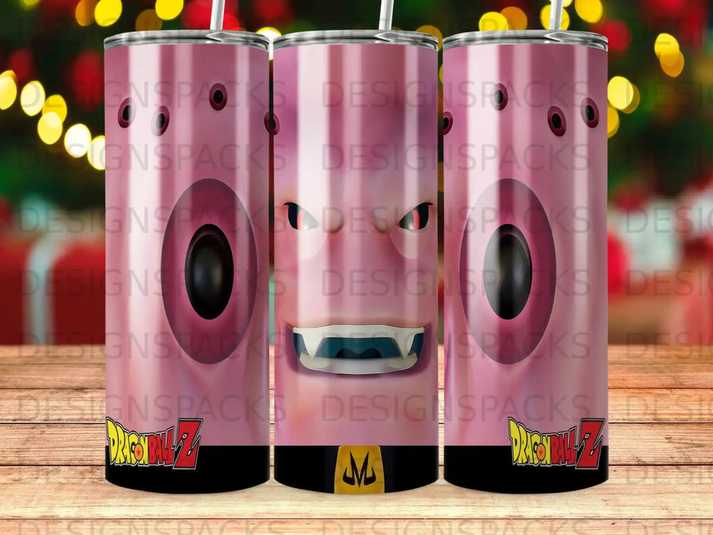 Dragon Ball Z Majin Buu tumbler with repeating logo pattern.