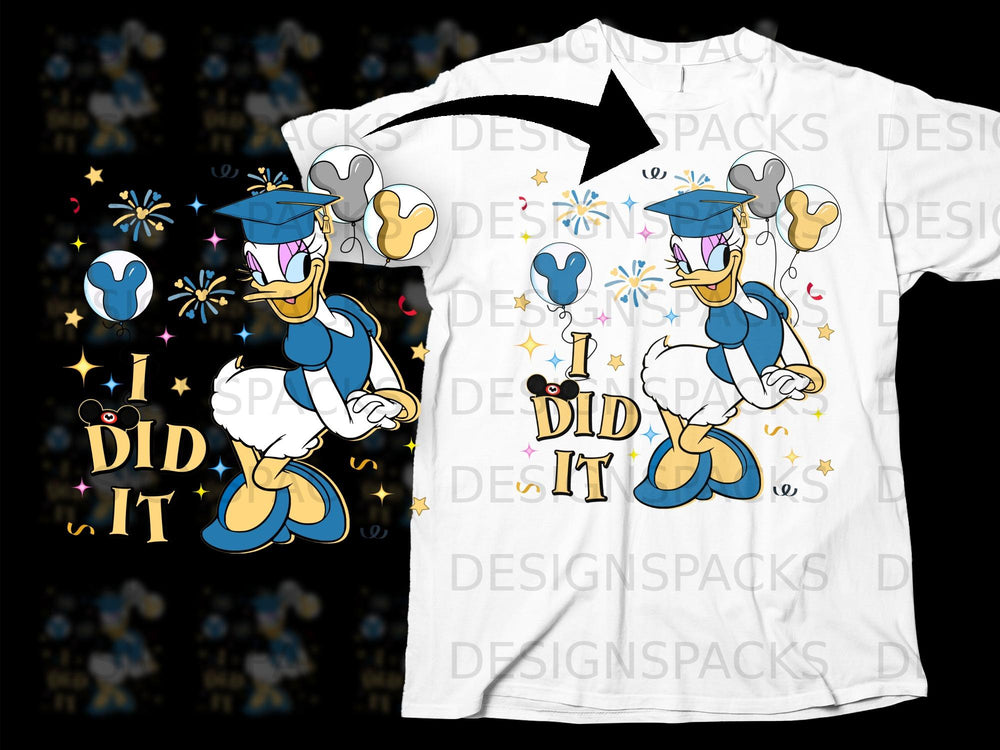 Daisy Duck in graduation cap with balloons and "I Did It" text.