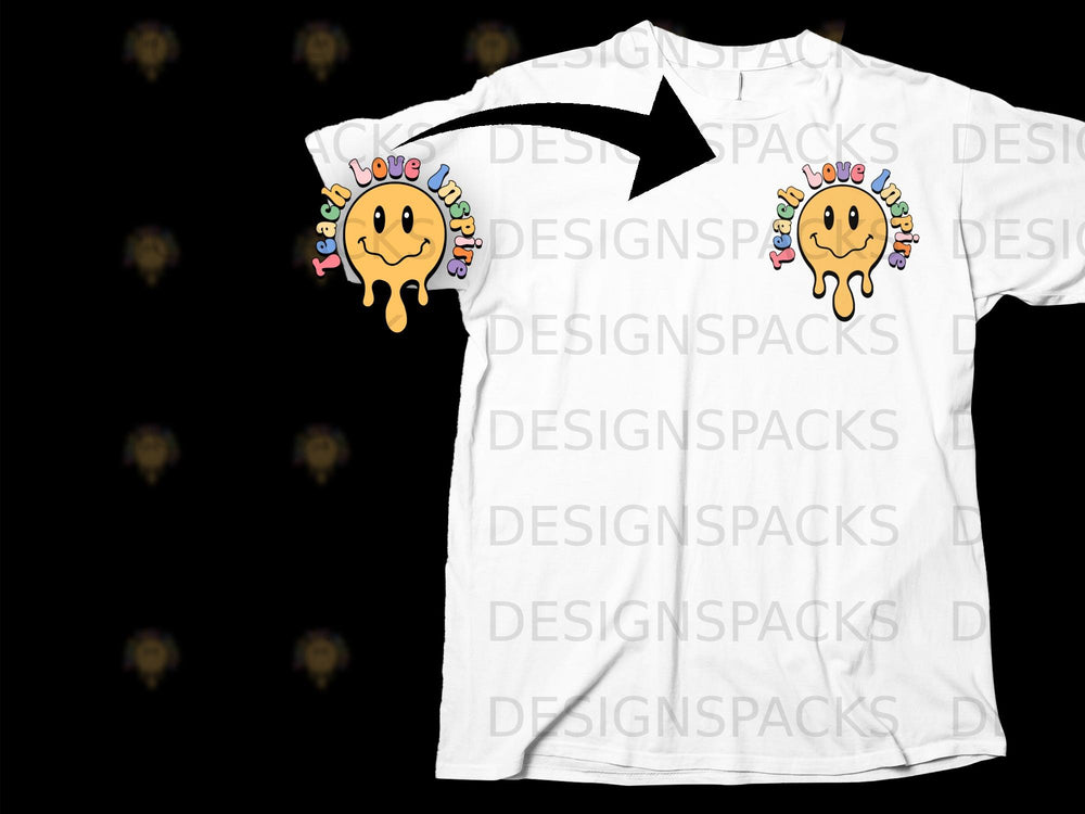 White t-shirt mockup with a graphic of a dripping smiley face reading "Teach Love Inspire".