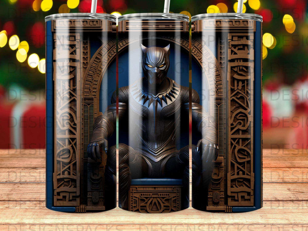 Black Panther sits on a throne in a blue and gold ornate frame.