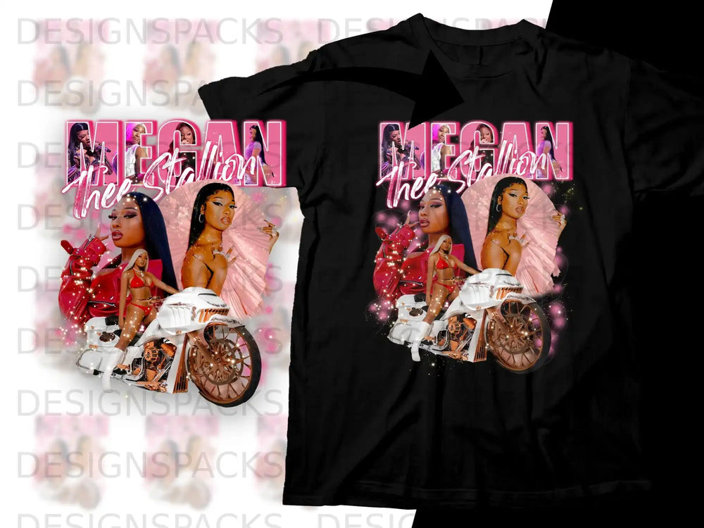 Megan Thee Stallion on motorcycle graphic on black t-shirt.