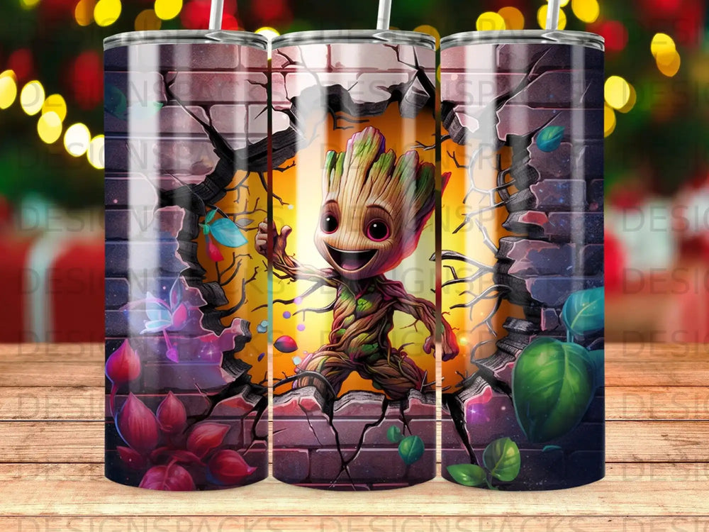 Grogu breaks through a cracked wall with plants and lights.