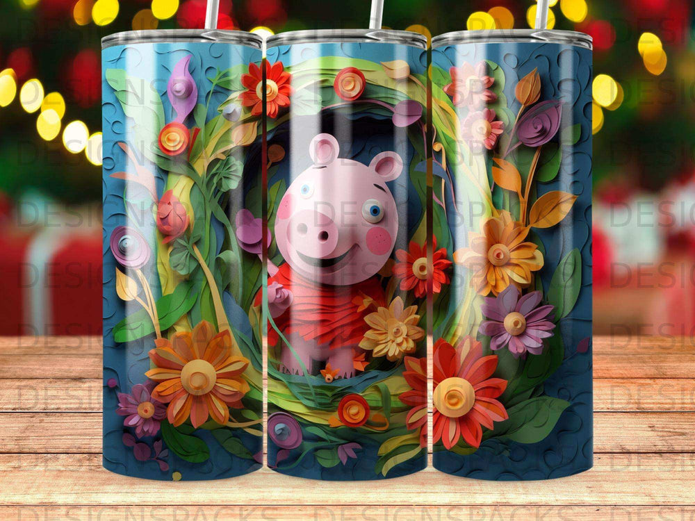Peppa Pig with flowers in a circular frame.