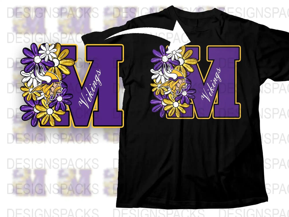 Vintage Floral Letter M T-Shirt, Purple and Yellow Flowers Graphic Tee, Stylish Monogram Initial Top