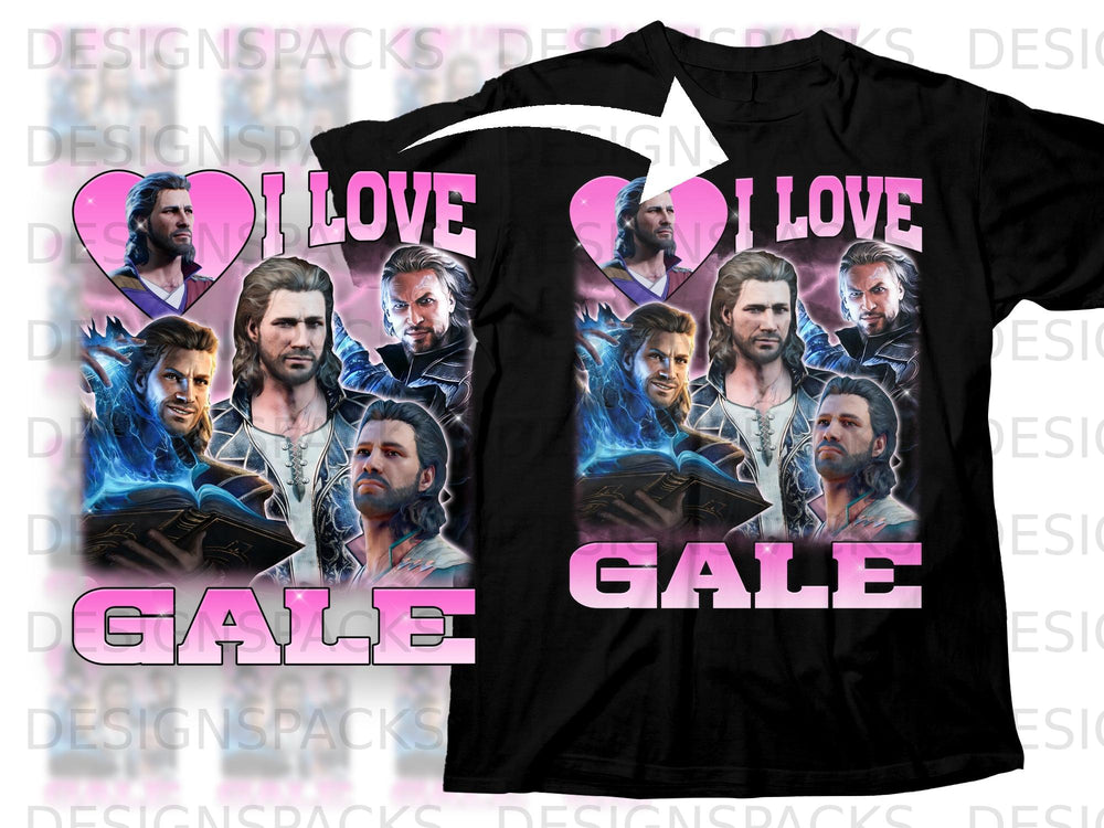 Black t-shirt with "I LOVE GALE" text and character art.