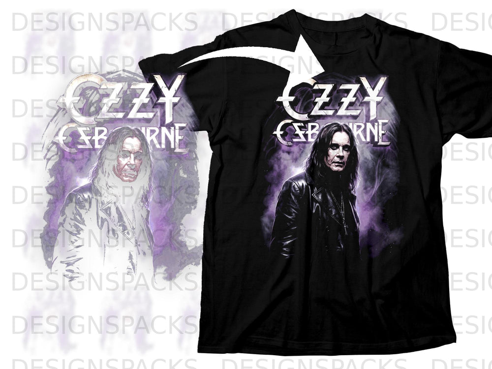 Black t-shirt featuring Ozzy Osbourne and his logo with purple smoke effect.
