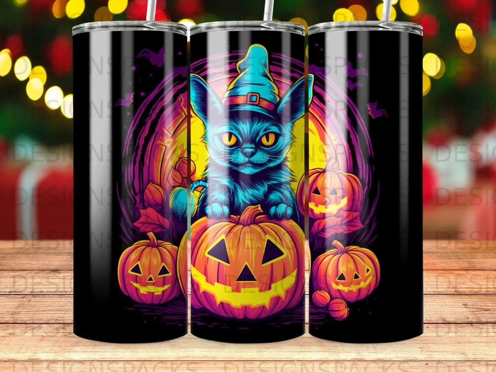 Black tumbler with a blue-eyed black cat wearing a witch hat, surrounded by pumpkins.
