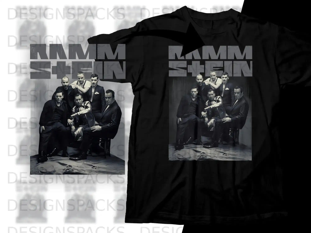 Rammstein band members pose together on a vintage couch.