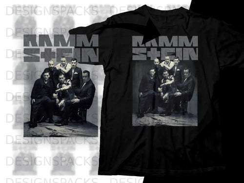 Rammstein band members pose together on a vintage couch.