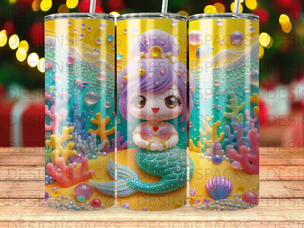 Kawaii mermaid with colorful coral and bubbles on a sparkling underwater background.