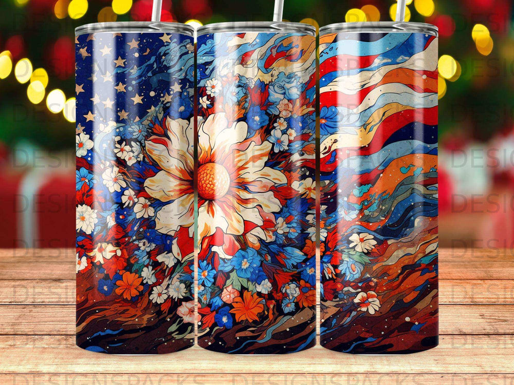 American flag-themed floral tumbler with a white daisy in the center.