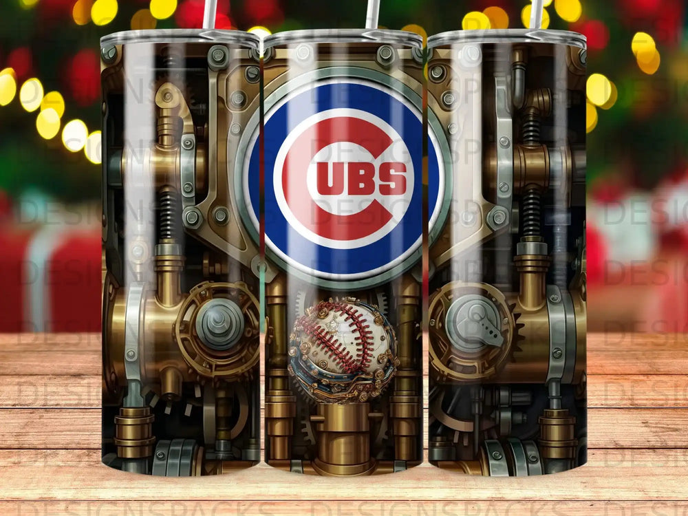 Chicago Cubs steampunk tumbler with baseball and logo.