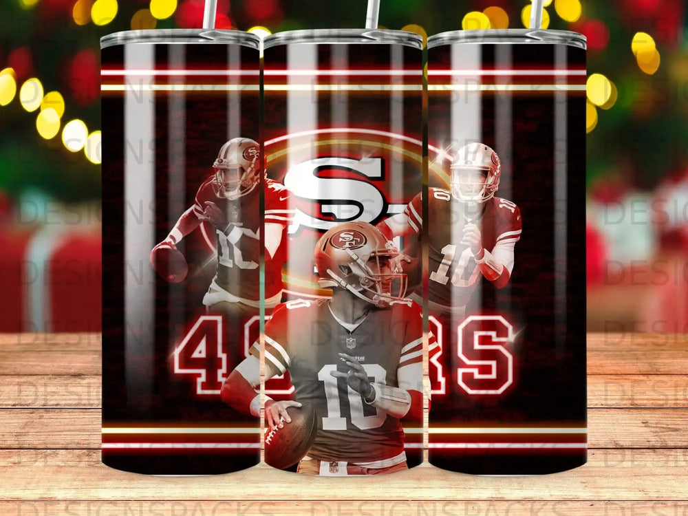 San Francisco 49ers players and logo on a skinny tumbler.