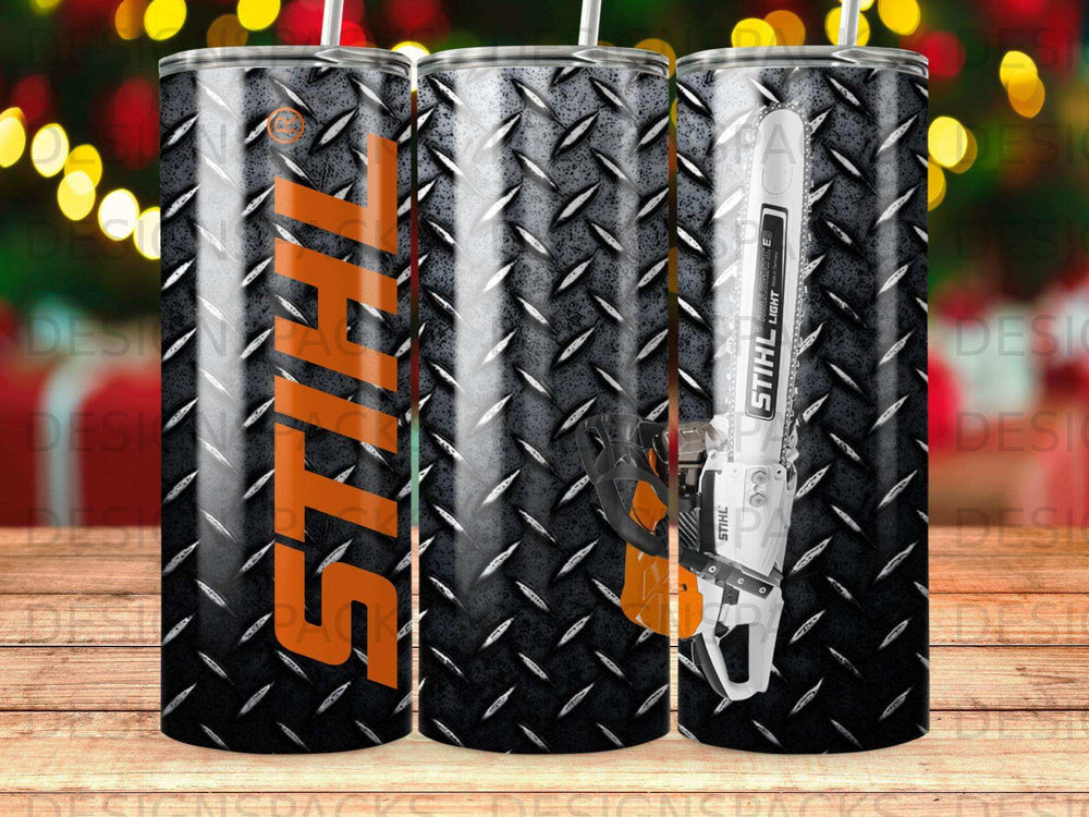 STIHL chainsaw and logo on a diamond plate textured tumbler.
