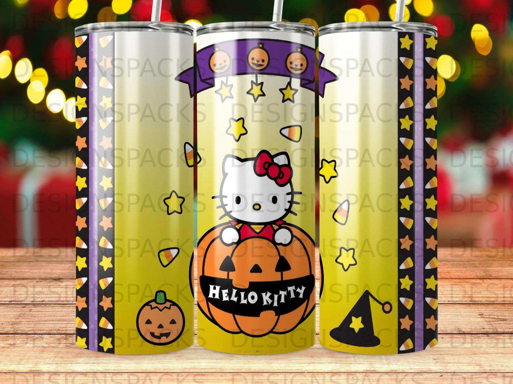 Hello Kitty on a pumpkin with Halloween motifs and text.