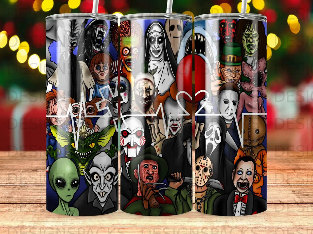 Collage of horror movie characters with a white heart graphic overlay.
