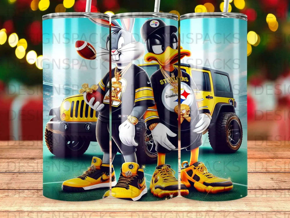 Bugs Bunny and Daffy Duck in Pittsburgh Steelers attire holding a football.