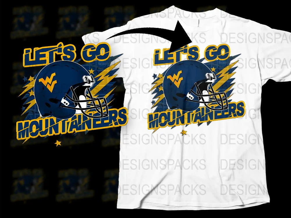 Let's Go Mountaineers Graphic T-Shirt, College Football Fan Gear, Blue and Yellow Sports Tee