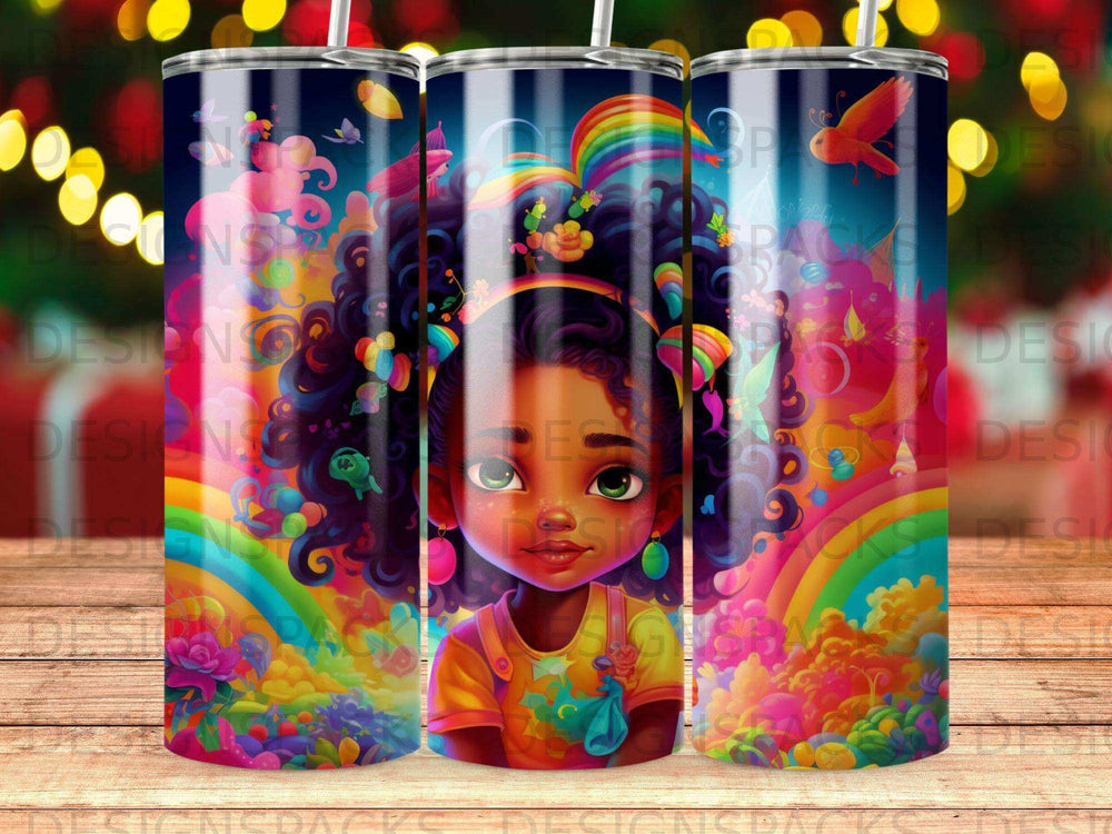 Colorful tumbler featuring a girl with rainbow hair and a vibrant fantasy background.