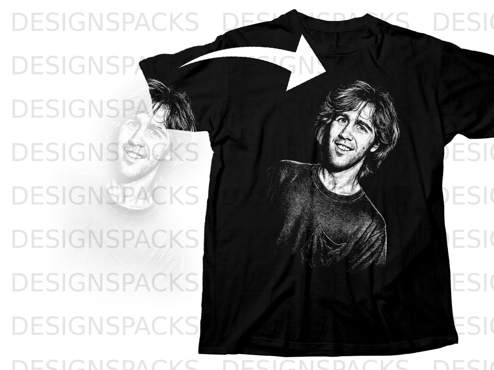 Black t-shirt with sketch of smiling man and arrow graphic.