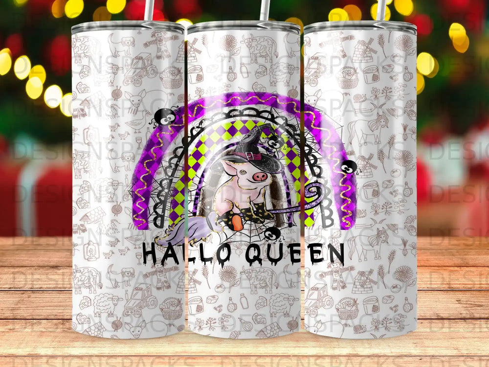 Pig in witch hat with "Hallo Queen" text and Halloween icons on a tumbler.