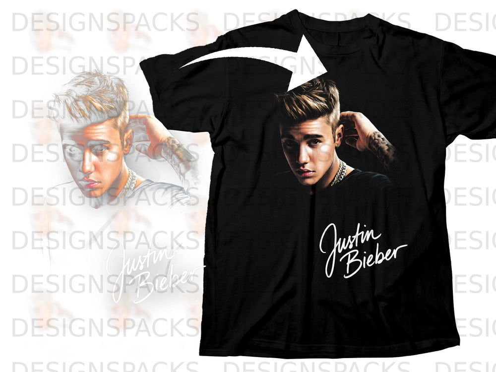 Black t-shirt with Justin Bieber portrait and signature graphic.