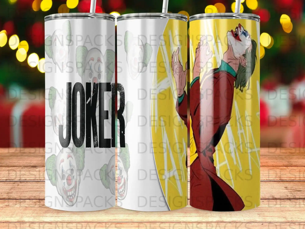 Joker illustration on a tumbler with "JOKER" text.