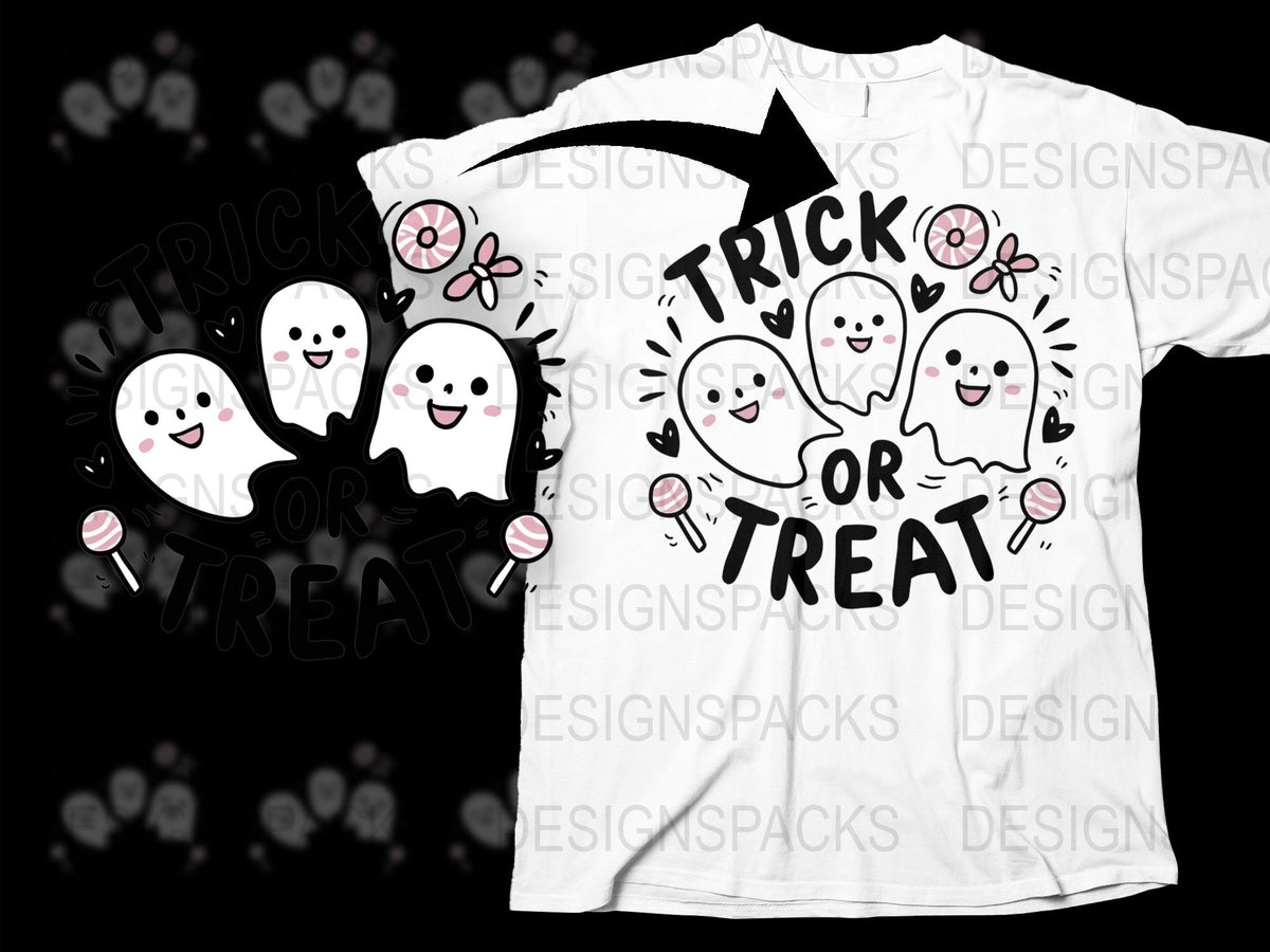 Cute Ghosts Trick or Treat Halloween T-Shirt, Spooky Fun Graphic Tee, Kids and Adults Sizes Available
