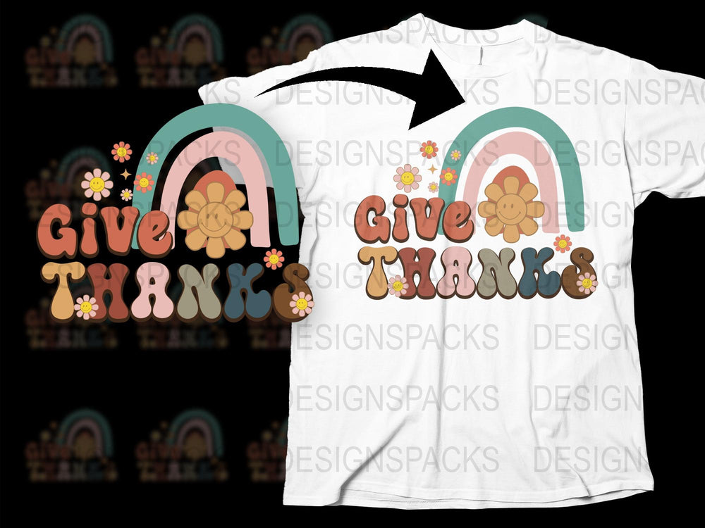 Give Thanks Floral Rainbow Graphic T-Shirt, Thanksgiving Holiday Tee, Unisex Casual Outfit