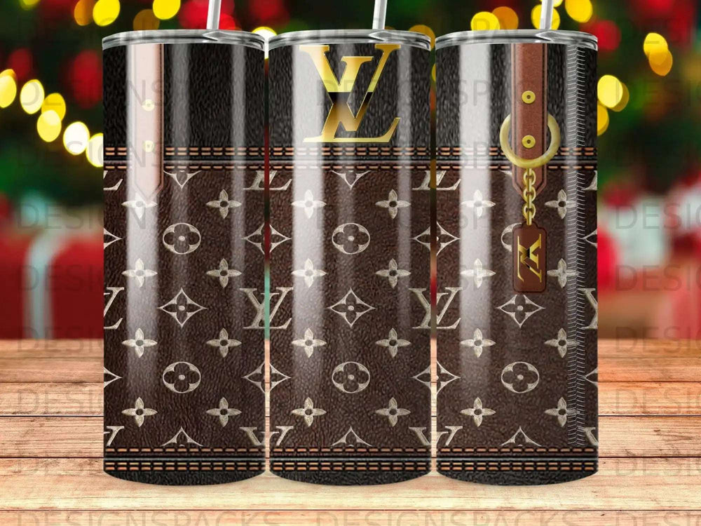 Brown tumbler with LV monogram pattern and gold buckle detail.