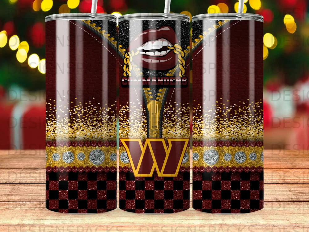 Washington Commanders tumbler with red lips, gold glitter, and checkerboard pattern.