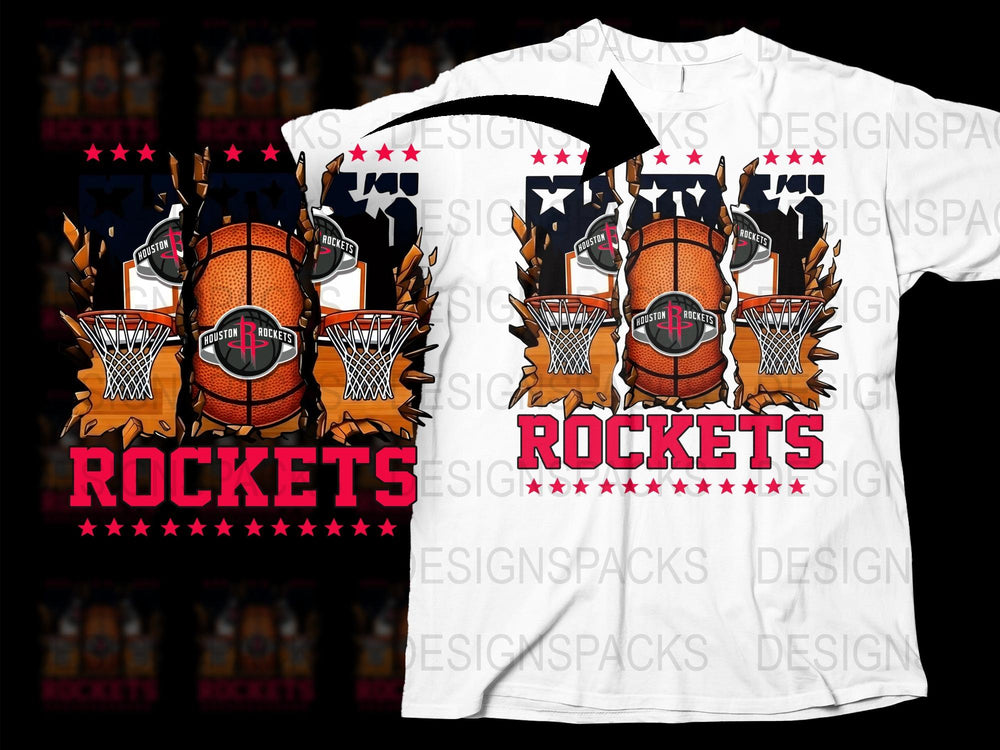 Rockets Basketball Team Graphic T-Shirt, Sports Fan Full Print Shirt, Unisex Basketball Tee