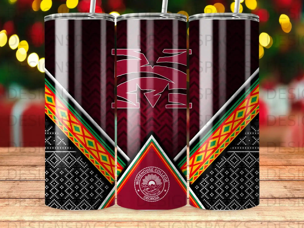 Tumbler with maroon geometric pattern, college logo, and black and red tribal design.