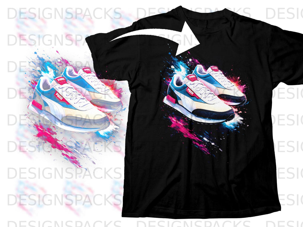 Black t-shirt with graphic of two Puma sneakers with colorful paint splatter.