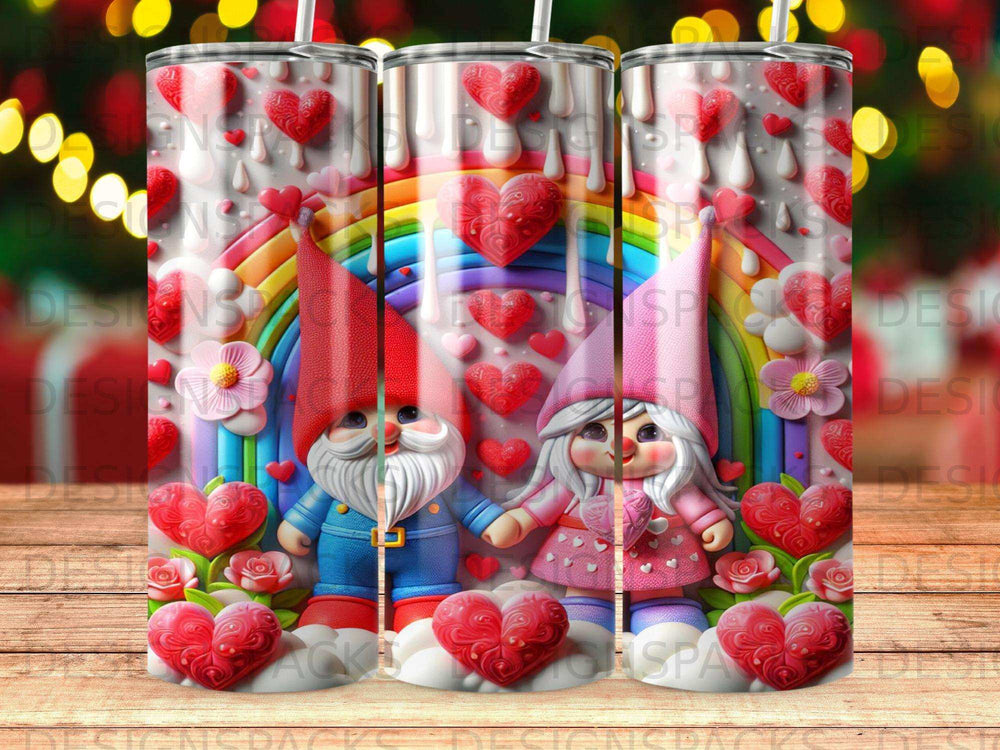 Gnomes with hearts and rainbow, on a tumbler wrap design.