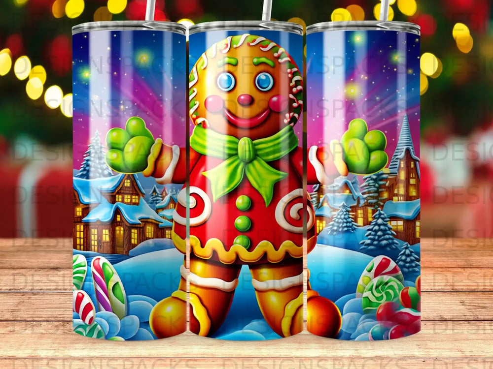 Gingerbread man with candy cane trees and snowy village.