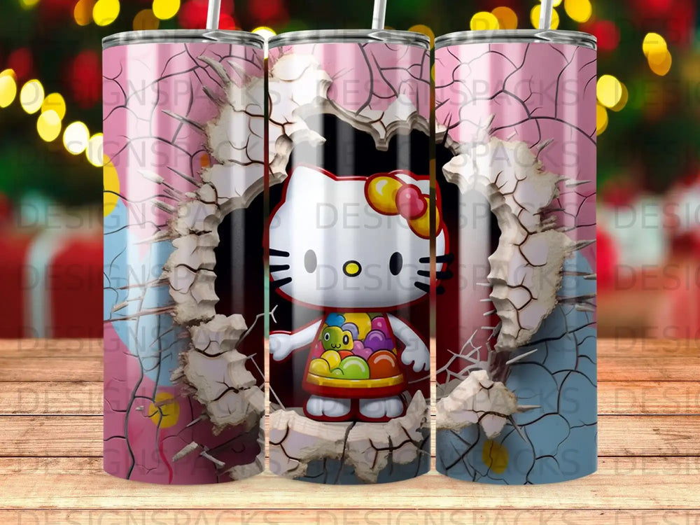 Hello Kitty in colorful dress bursts through a cracked wall.
