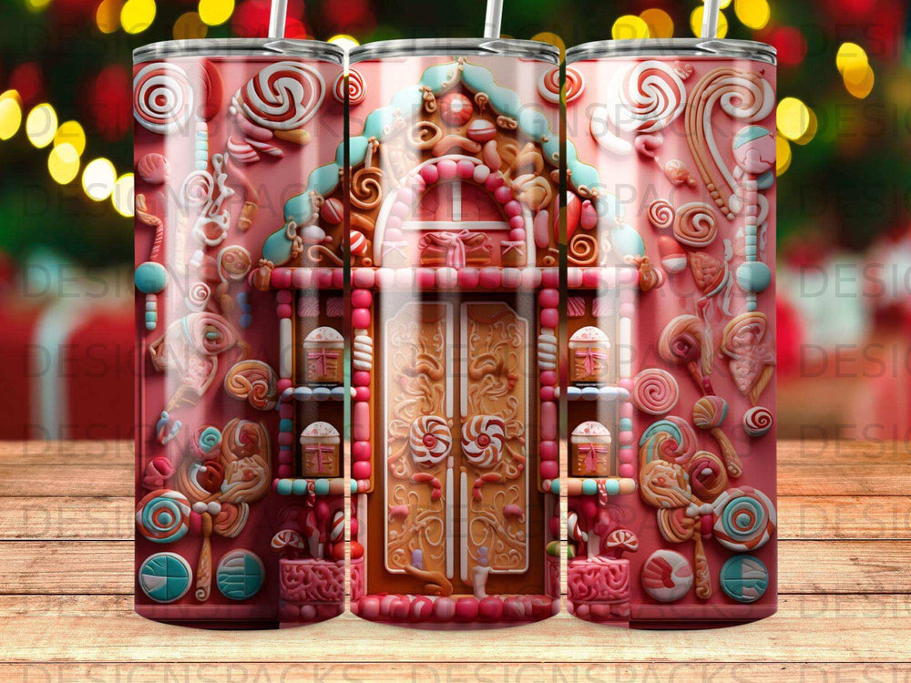 Gingerbread house with candy decorations and swirling lollipop patterns.