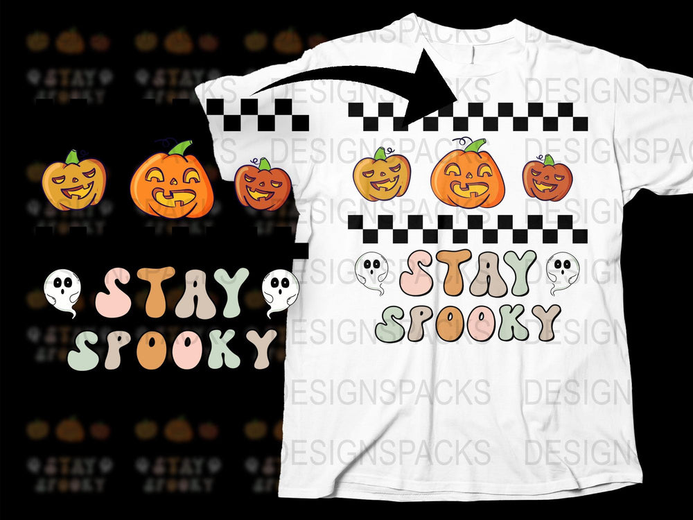 Halloween Stay Spooky T-Shirt, Checkerboard Sleeve, Pumpkin Ghost Design, Unisex Fall Fashion, October Tee