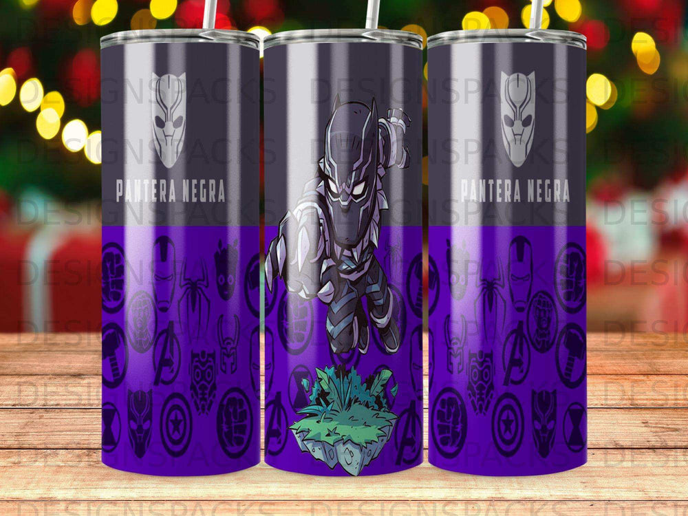 Black Panther graphic on a purple tumbler with character icons.